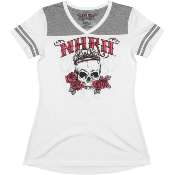 District Tops - NHRA Racing Womens Graphic Tee L Skull Roses Crown‎ Gray White V Neck DistRICT